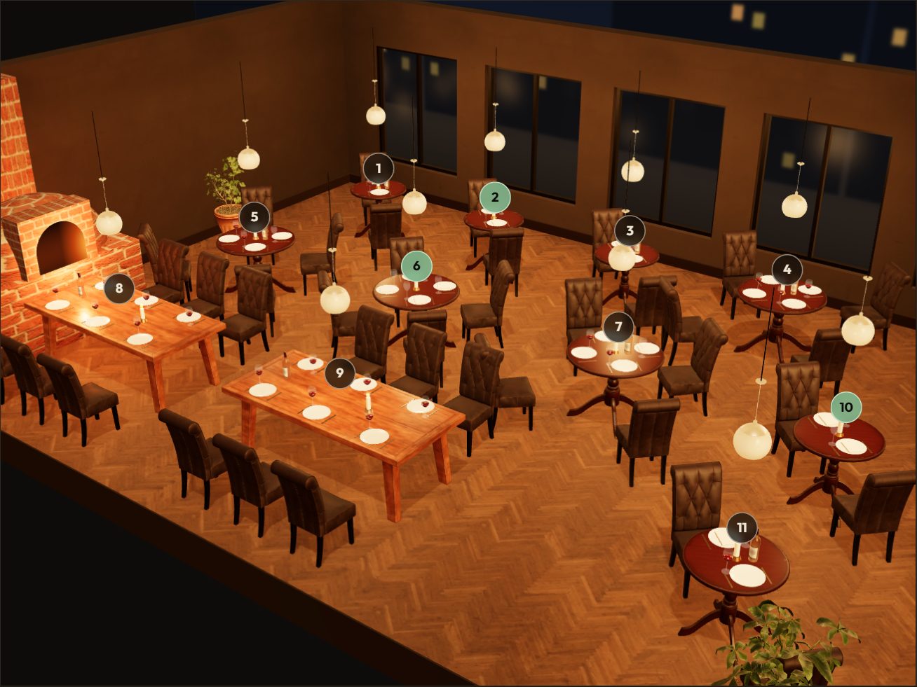 Sala de un restaurante en 3D, de noche, con las mesas puestas y las ocupadas con vino y velas encendidas