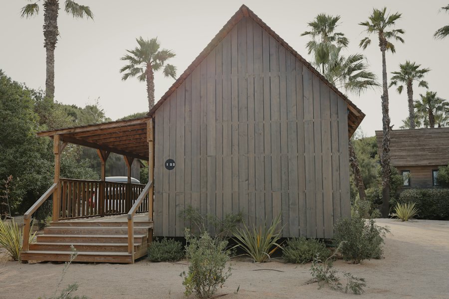 Cabaña de madera rodeada de vegetación