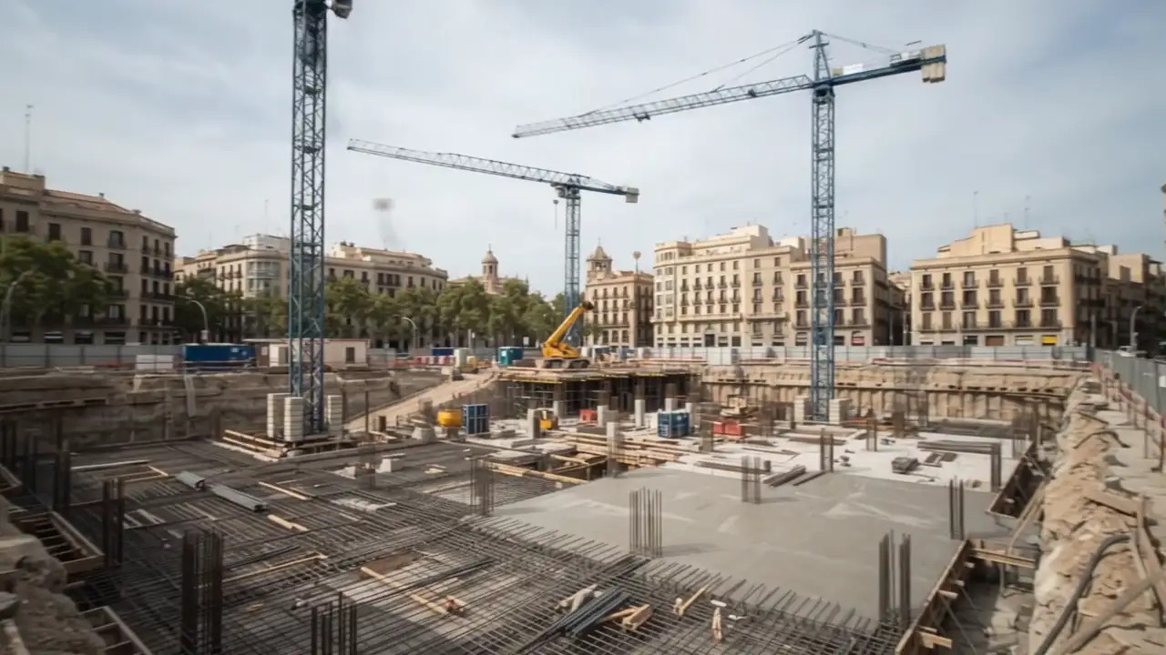 Solar en obra con grúas y armaduras de la cimentación