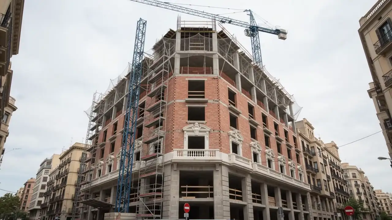 Edificio con fachada de ladrillo y andamios