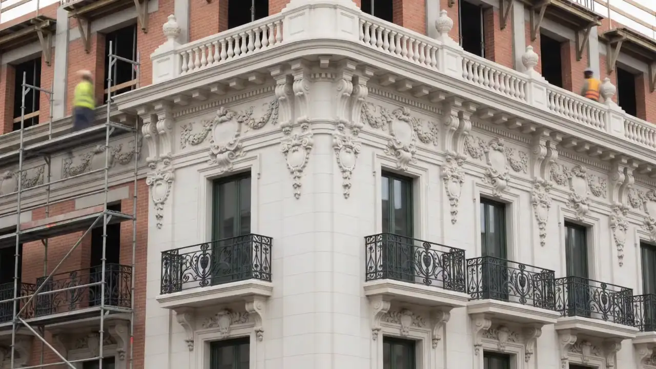 Fachada con molduras, balcones de forja y andamios